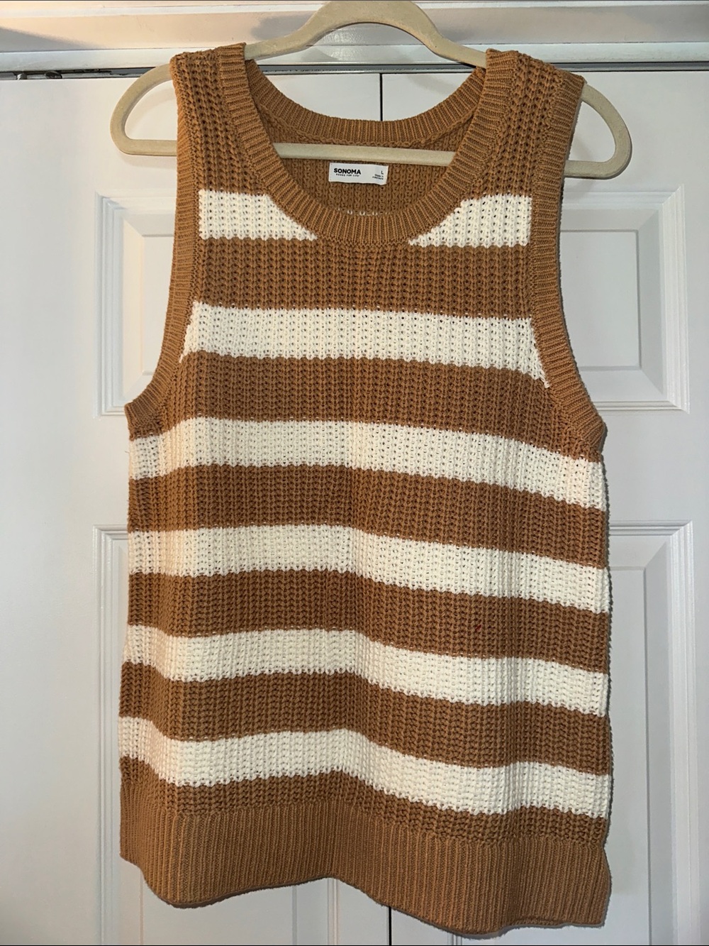 Sonoma Woman’s Striped Crewneck Knit Vest in Brown & Cream